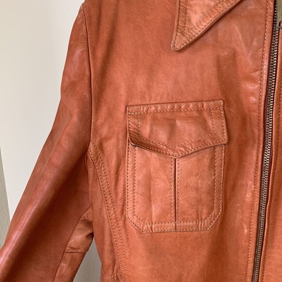 Vintage 1970s Camel Brown Leather Jacket Pointed Collar Men’s size 44 - Picture 5 of 13